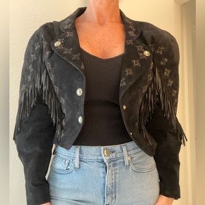 Patricia Wolf Black suede fringe jacket Vintage 1980’s Made In texas size 6
